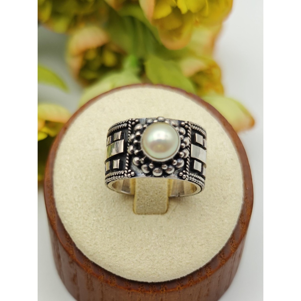 Modern Brutalist Artisan Pearl Ring Women Size 5 Silver Boho Wide Band 925